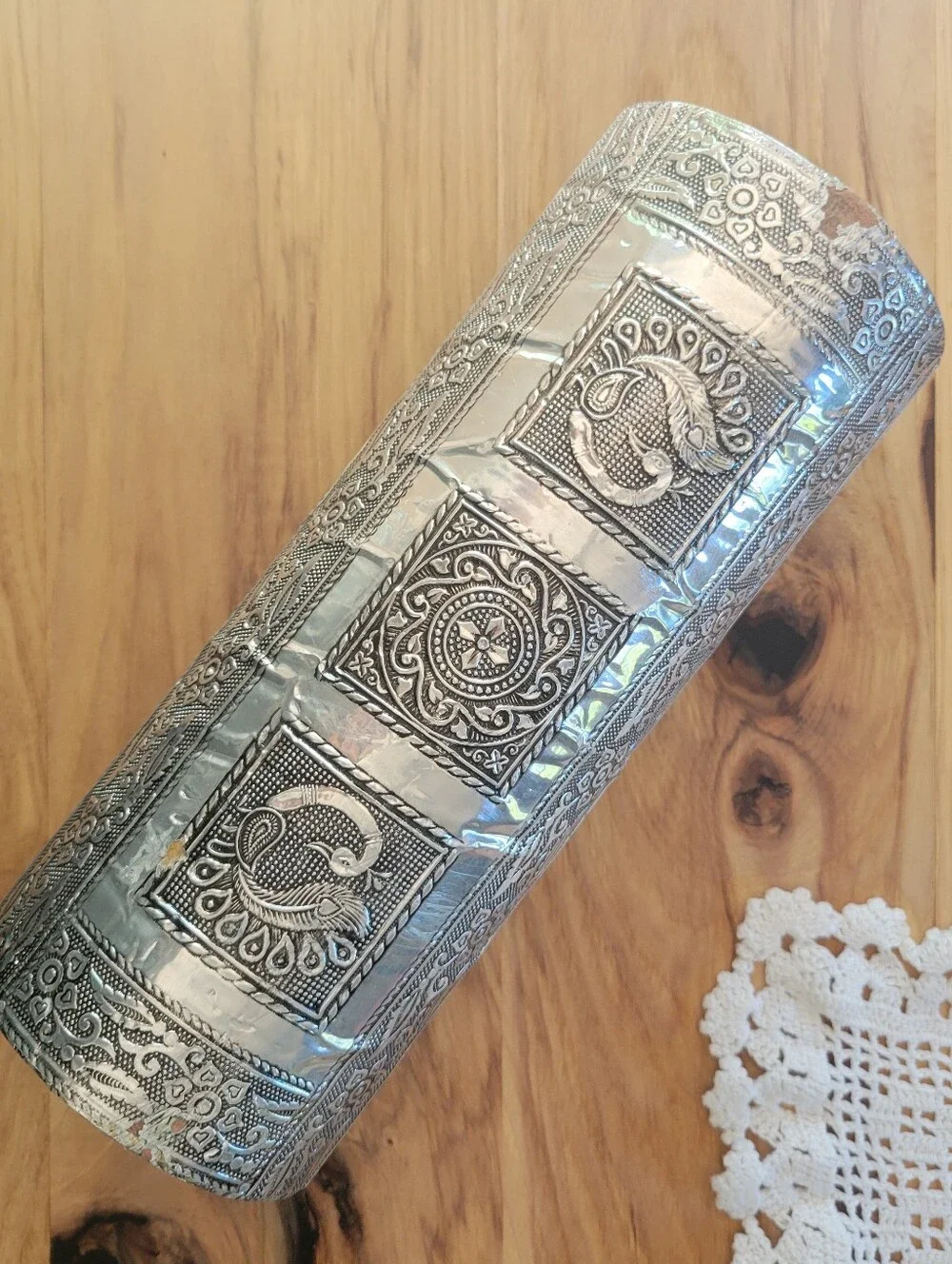 Vintage Indian Embossed Silver Metal Trunk Jewelry Box Purple Velvet Lined